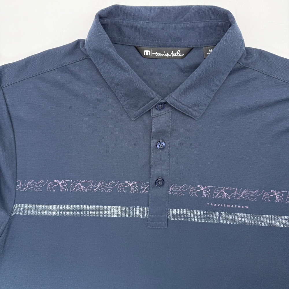 Travis Mathew Polo Shirt Mens M Navy Blue Graphic Stripe Short Sleeve Golf Top
